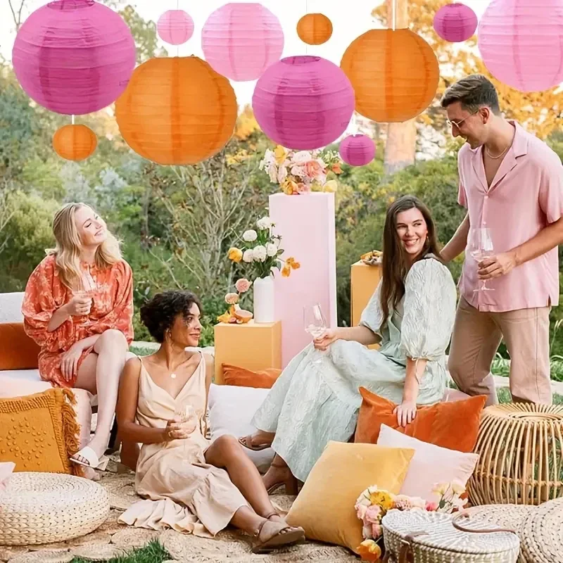 14Pcs Rose+Orange+Pink Paper Lanterns, Suitable for Countryside, Wedding Banquets, Anniversaries, Graduation Season, Home Decora
