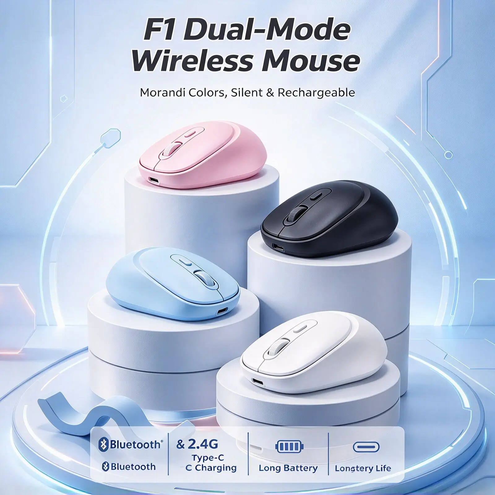 Dual Mode Wireless Mouse 2.4G Bluetooth Rechargeable Ergonomic Quiet Click Mice 3 Gear DPI 500mAh For Laptop PC Tablet Phone