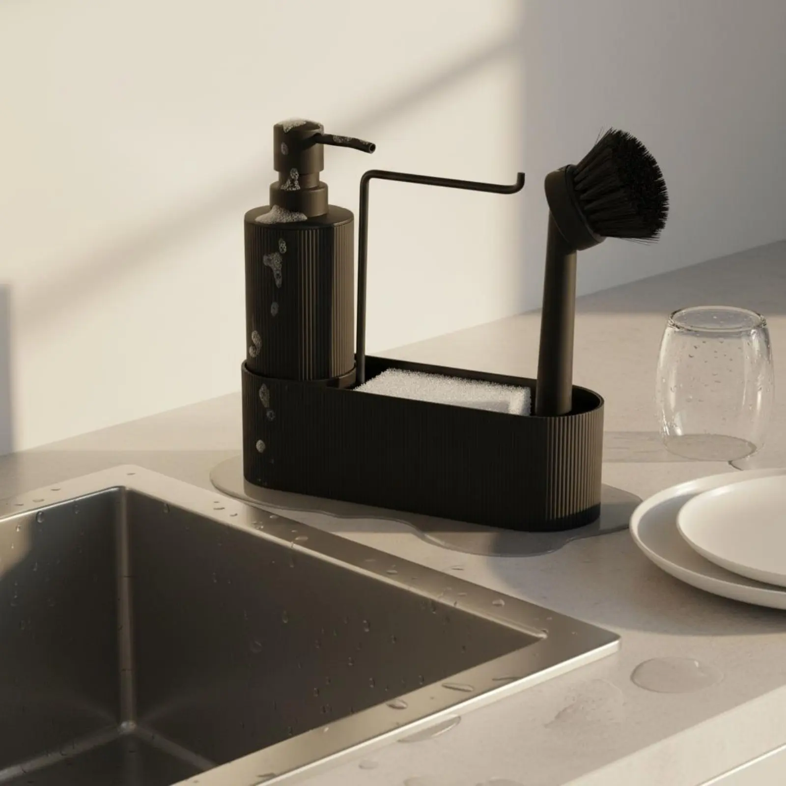 

Dish Soap Dispenser Brush Holder 3 in 1 Soap Pump Brush Tray Set Countertop Cleaning Organizer Space Saving Sponge Holder