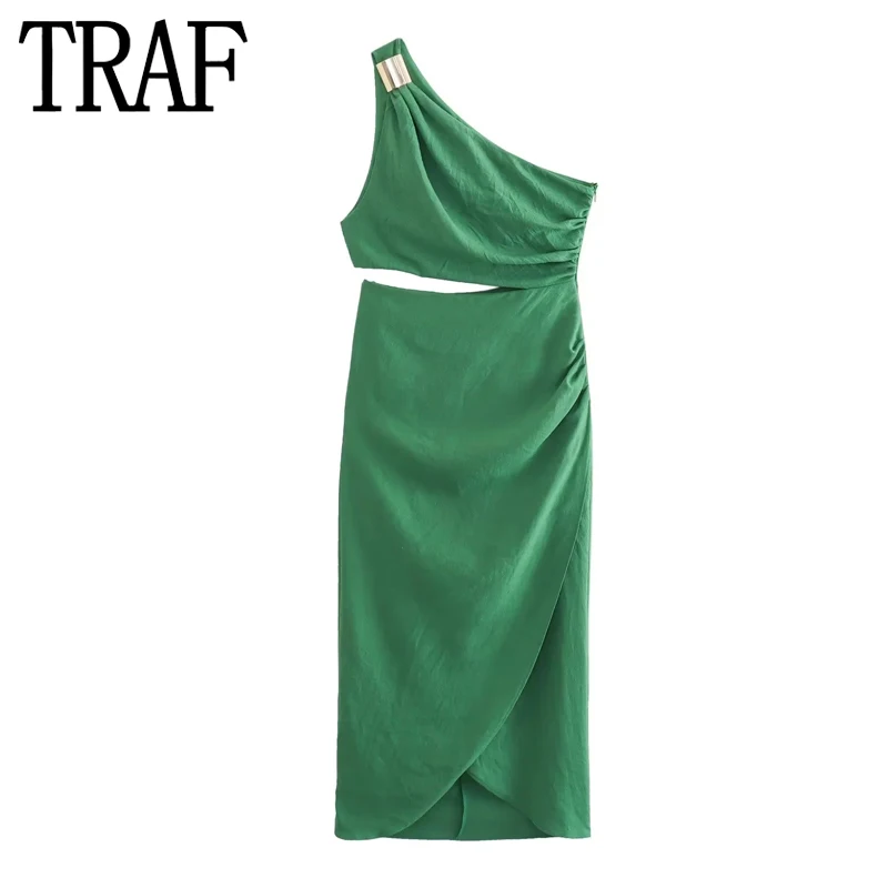 TRAF 2023 Cut Out Long Dress Women Asymmetric Off Shoulder Green Dress Woman Ruched Summer Midi Dresses Elegant Party Dresses