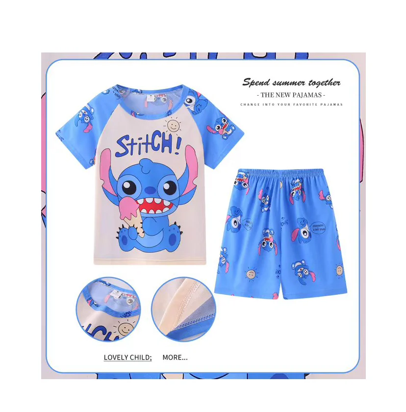 New Children Clothing Summer Winnie Bear Boys Girls Kids Clothing Sets Stitch Cartoon Suit Mikey Kid Sleepwear Short Sleeve