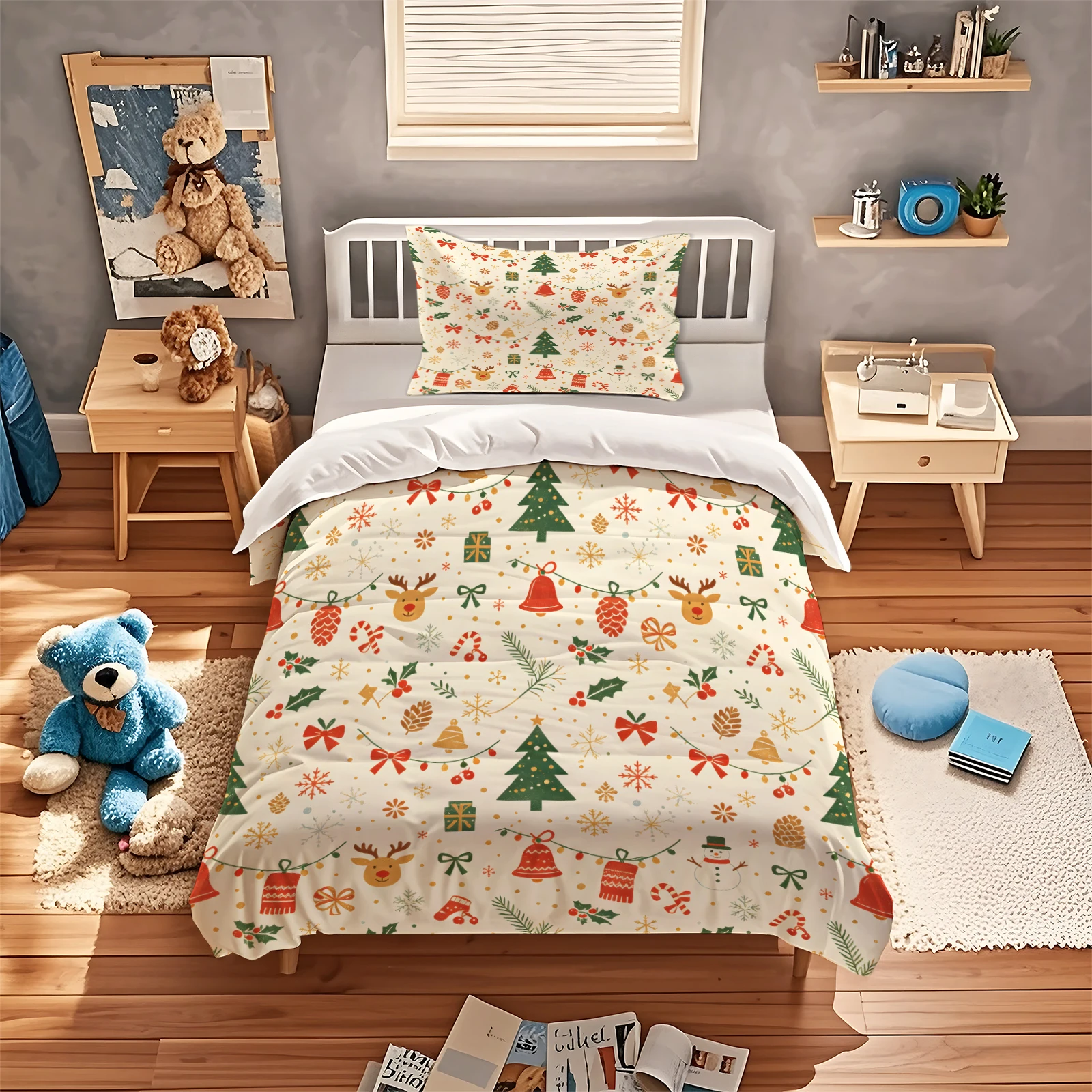 Christmas Duvet Cover Set Retro Xmas Tree Reindeer Bell Snowman Pinecone Print Bedding Set Quilt Cover with Pillowcase Holiday