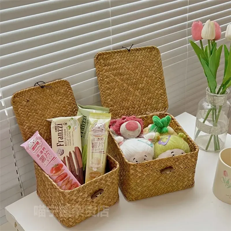 Bear Desktop Storage Box Hand-woven Rattan Wicker Basket Fruit Tea Snack Bread Basket Cosmetic Rectangular Storage Box Household