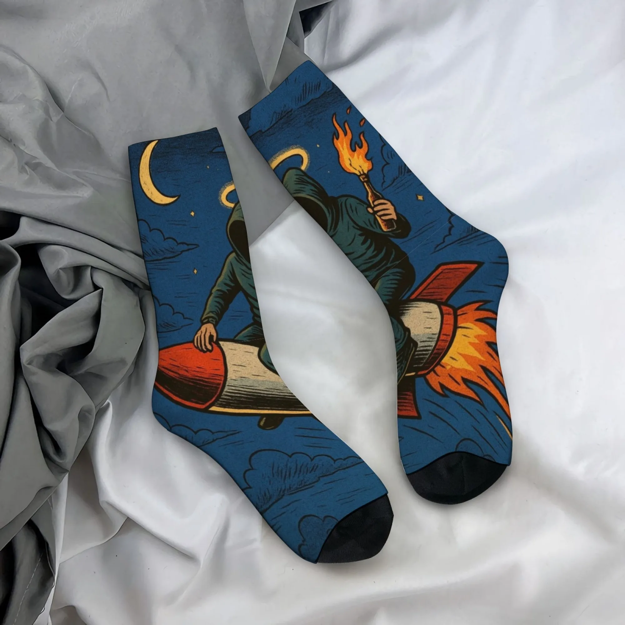 

Мужские носки в стиле Харадзюку в стиле ретро в стиле фэнтези с новым принтом звездного неба и ракеты, повседневные носки, забавные подарки для вечеринок и праздников