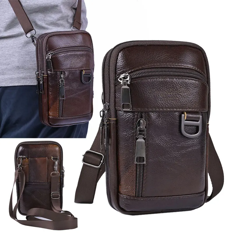 Vintage Men Cowhide Waist Bag Leather Shoulder Crossbody Bag Fanny Pack Male Belt Bum Purse Travel Casual Handbags Phone Pouch