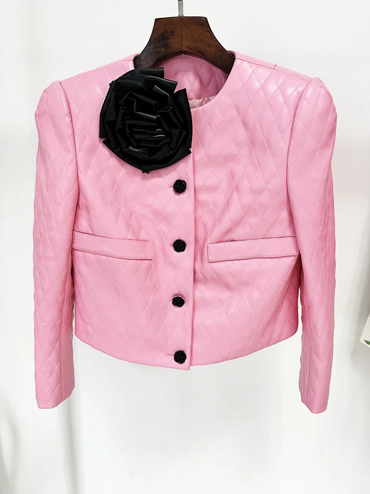 Veste en cuir recadrée losange pour femme, boutons roses, appliques de fleurs, haute qualité, nouvelle mode de créateur, 2024