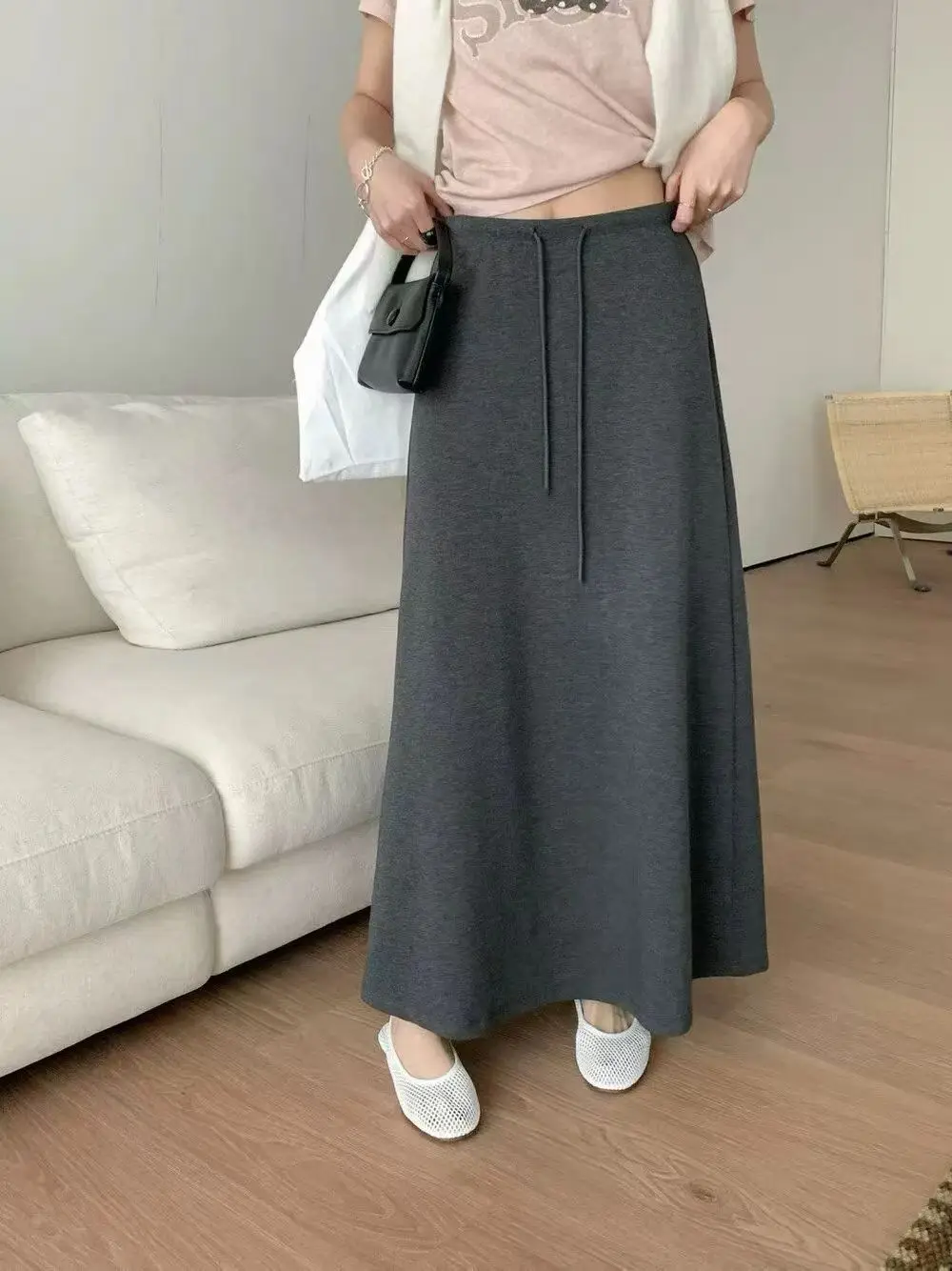 Dark Gray Drawstring Sport A-line Maxi Skirt Elastic Waist Casual Loose Straight Skirts Comfort Loungewear Solid Trendy Skirt