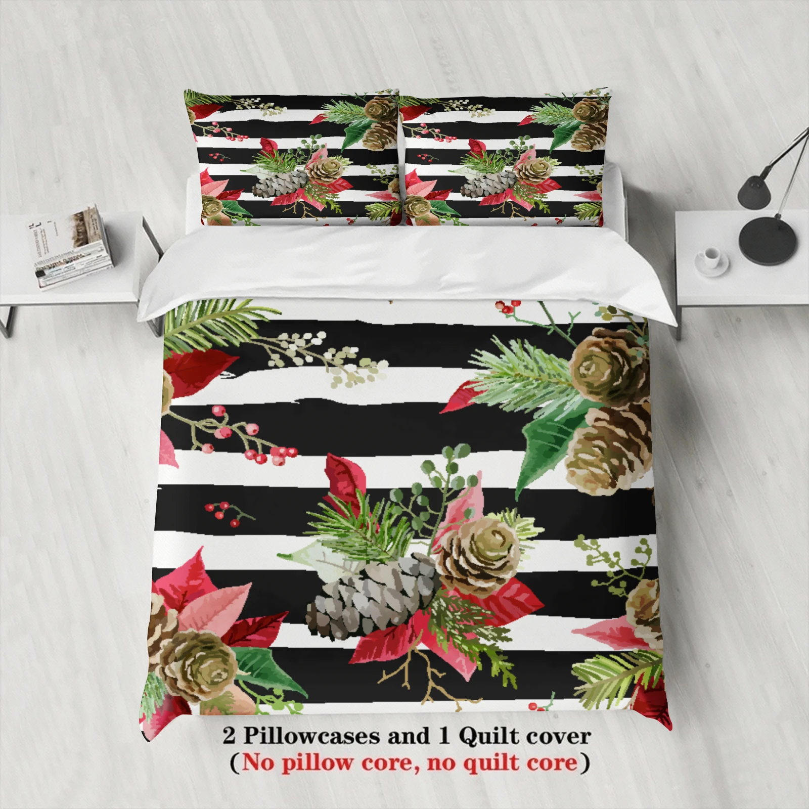 Pinecone Floral Bedding Sets(No Pillow Core,Quilt Core)Watercolor Printed 3pcs Black And White Stripe Full Size Duvet Cover