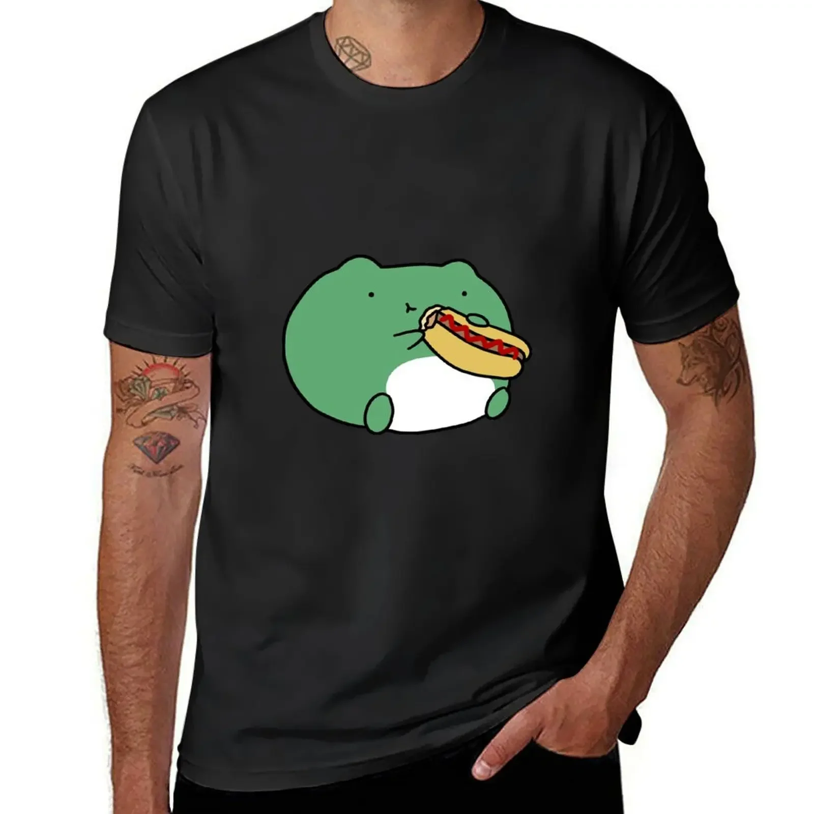 

Frog Eating Hotdog T-Shirt vintage clothes plus sizes heavyweight t shirts for men