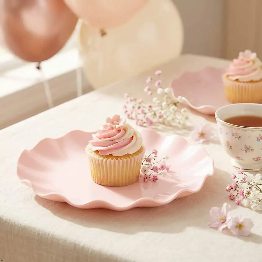 48 Pcs Pink Plastic Plates Reusable Dishwasher24 Dinner Plates And 24 Dessert Plates Baby Shower Plates Wavy Daisy Plastic Flowe