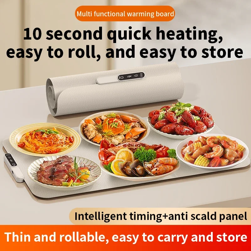 Multi-Use Vegetable Aviation Silicone Warm Pad: 38*60cm, 10s IR Heating, 6 Dishes, 8H Timer, Roll Up Storage