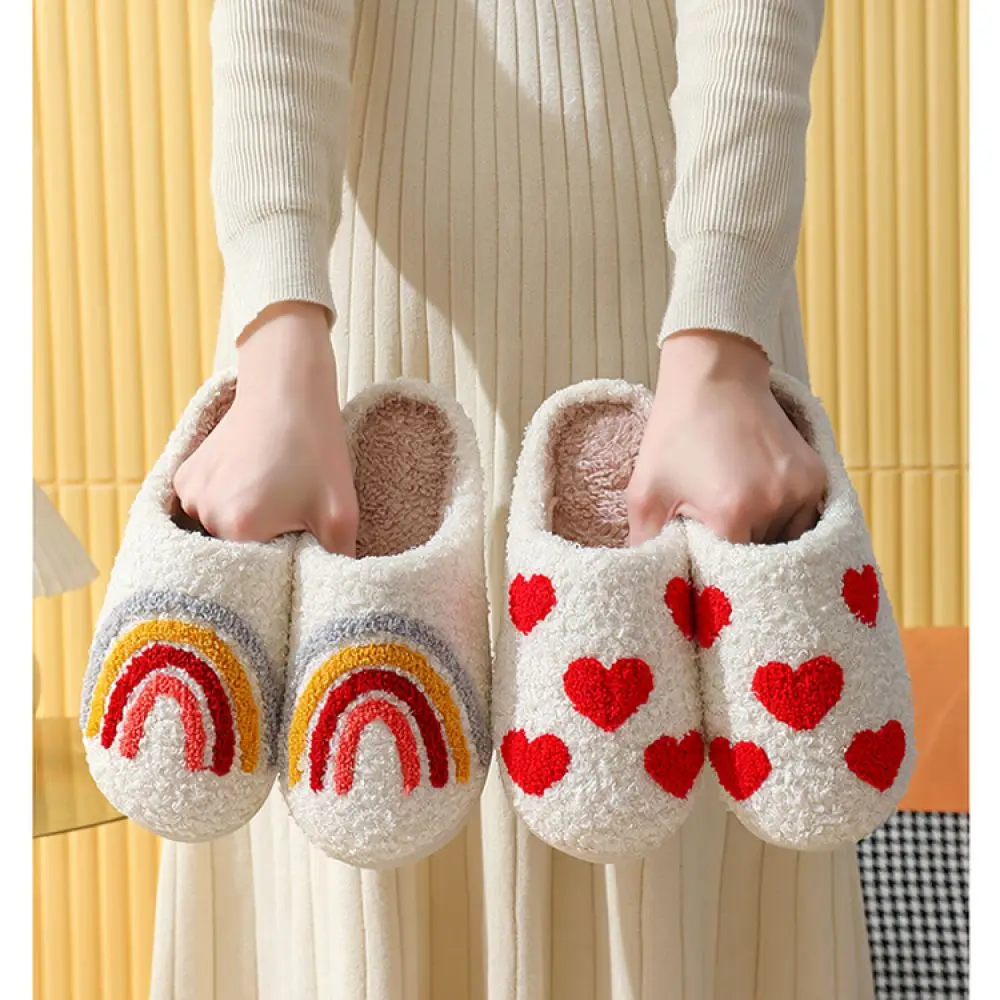 Winter Indoor Warm Slippers Plush Fuzzy Home Footwear Cute Cartoon Heart Design Non Slip Bedroom Slides House Shoes