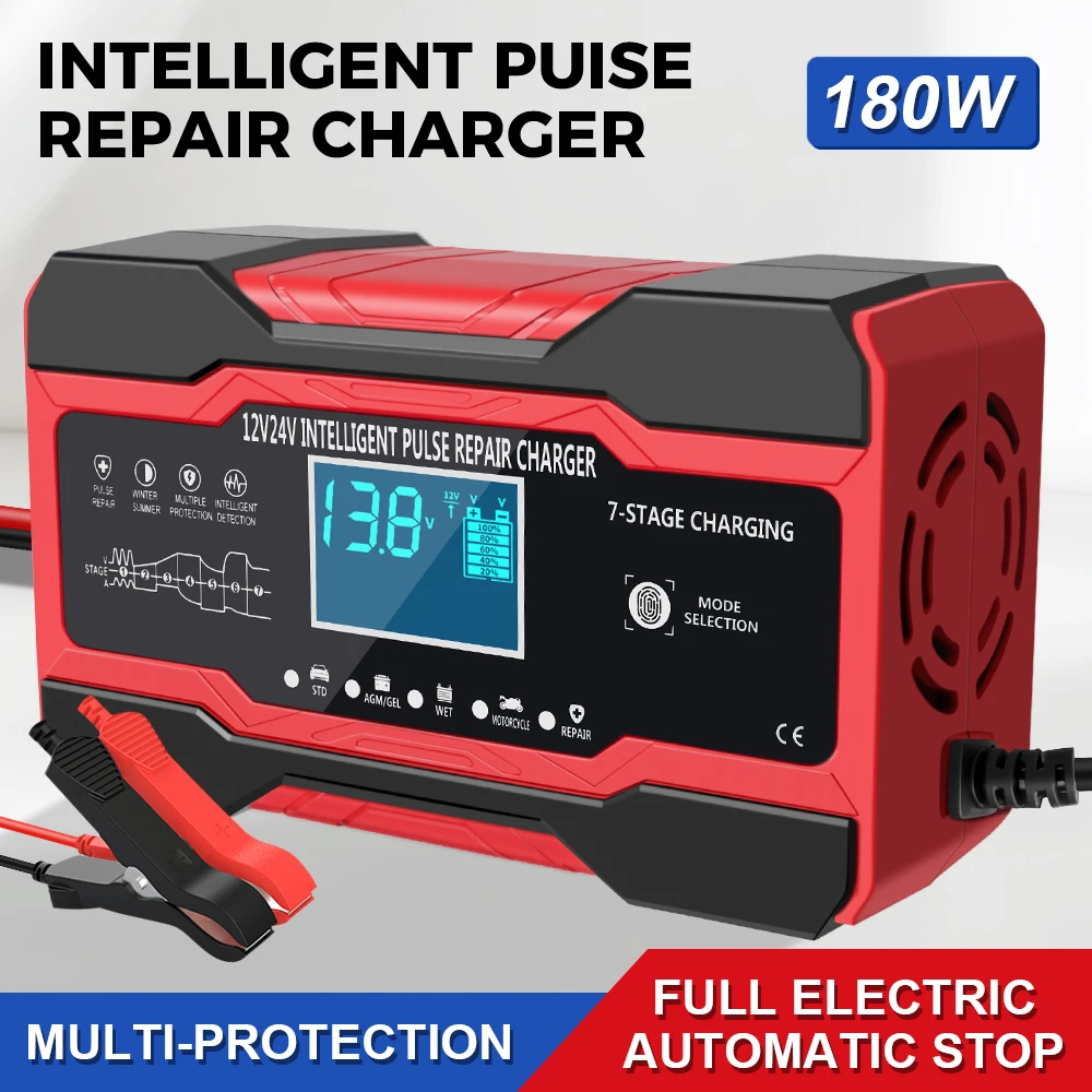 Digital Display Battery Charger Auto Moto Lead Full Automatic Car Battery Charger Wet Dry Lead Acid Battery 12V/ 24V Intelligent