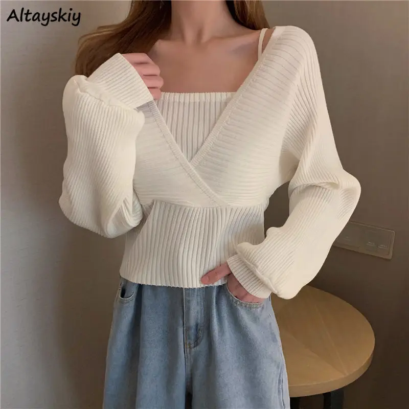 Pullovers Women V-neck Lantern Sleeve Fake-two-pieces Design Solid Slim Korean Style Spring Soft Elegant Ladies Crop Tops Trendy