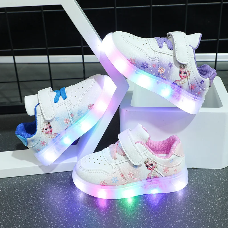 

New Disney kids cartoon frozen cute Casual shoes with LED light soft sports shoes for gift EU size 31-35