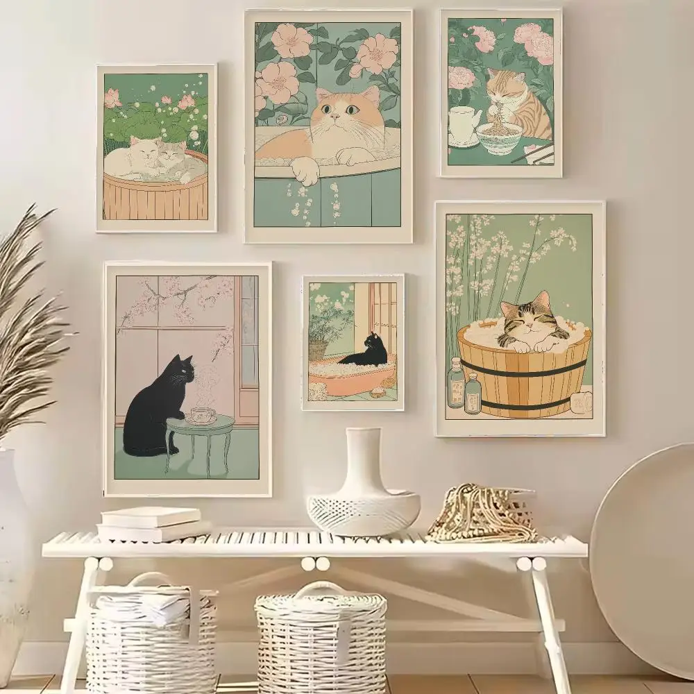 Scottish Cat in A Bathtub Poster Print Black Cat Tabby Cat Eating Ramen Canvas Painting Japanese Wall Art Bathroom Kitchen Decor