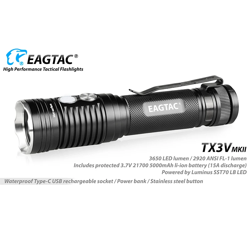 EAGTAC TX3V MKII USB Rechargeable LED Flashlight SST70 3650 Lumen 21700 Include Power Bank Tactical Torch Police Self Defense