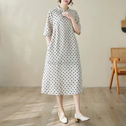 Summer Chinese Style Cotton Linen cheongsam Travel Art Polka Dot Loose A-Line Mid-Length Dress for Women Improved Loose Qipao