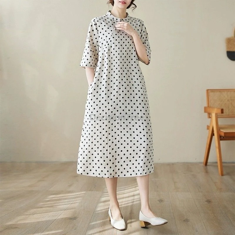 Letnia sukienka w stylu chińskim z bawełny i lnu, cheongsam, podróżna, artystyczna, w kropki, luźna, o kroju litery A, o średniej długości, dla kobiet, ulepszona luźna qipao.
