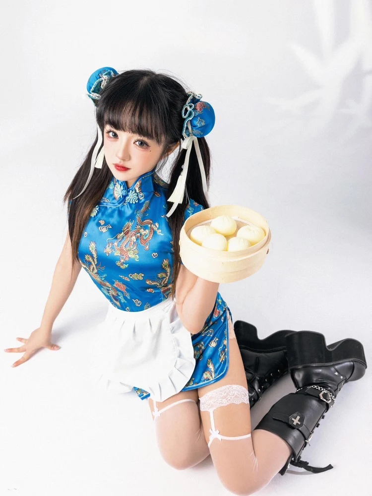 فستان تشيونغسام صيني، زي تنكري للهالوين وعيد الميلاد، زي خادمة ناعم للفتيات، زي يومي بأكمام قصيرة من مواد أخرى