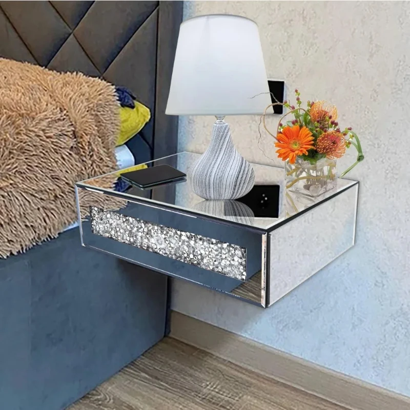 Mirror Floating Nightstands Storage Wall Mounted Silver Glass Crystal Diamond Sparkling Decoration Nightstands Bedroom Furniture