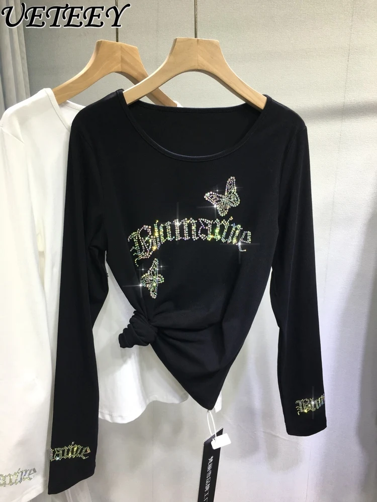 

Heavy Industry Rhinestone Base Shirt for Women Round Neck Slim Fit Black Long Sleeve Top Autumn Winter New Versatile T-shirt
