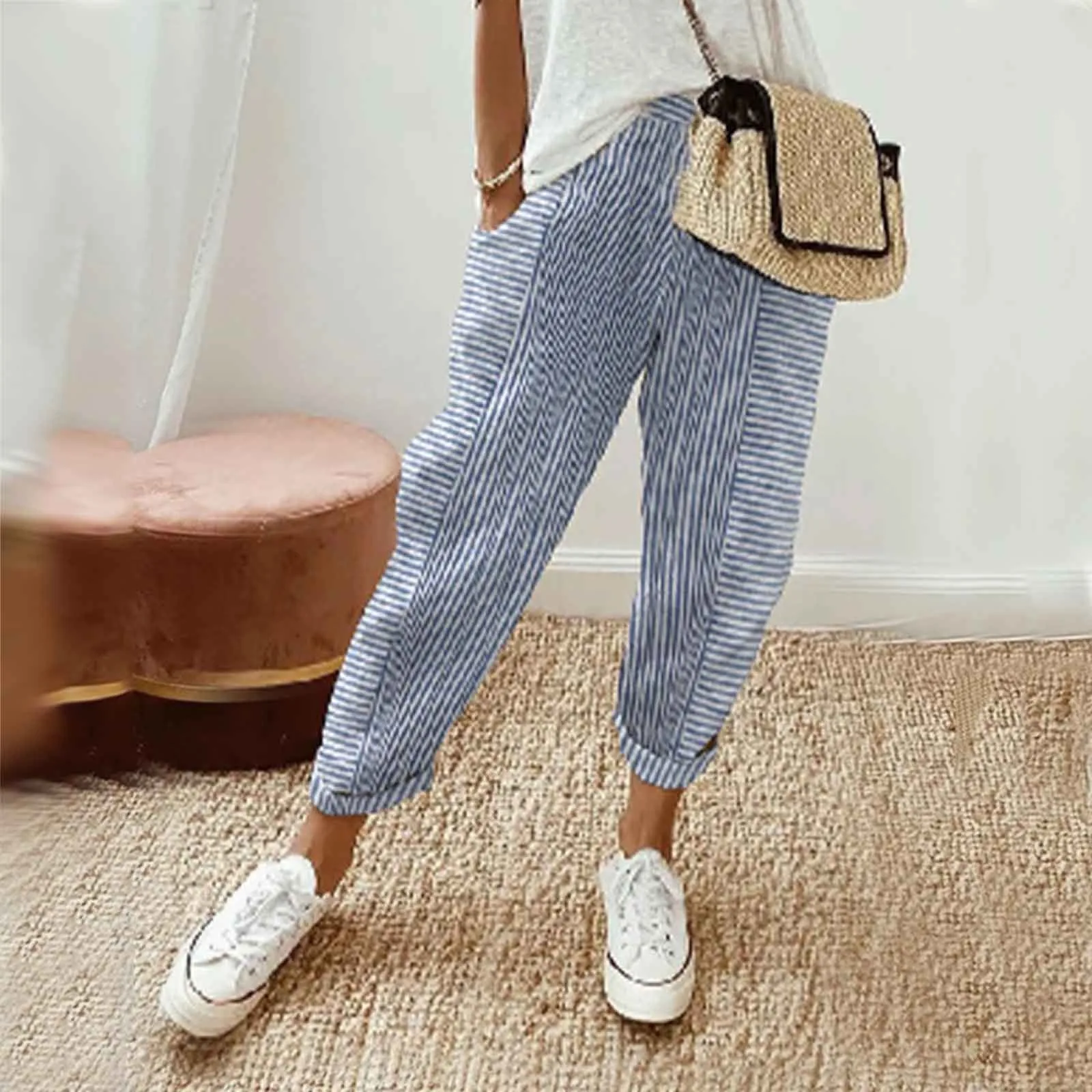 Summer Women\'s Pants 2024 Fashion Comfortable Casual New Female Jacquard Stripe Panel Design Loose Trousers Female