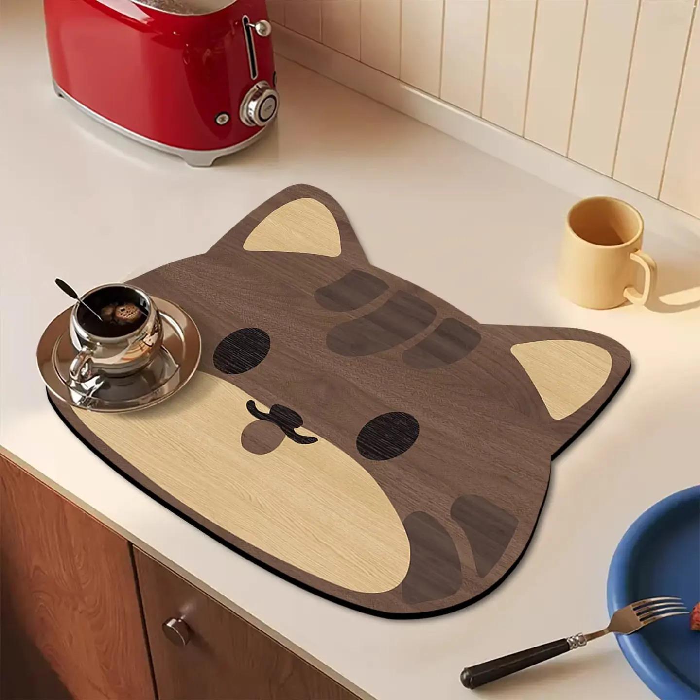 VIKAMA Wood Grain Cartoon Cat Drying Mat, Cute Ins Style Water Absorbent Non‑Slip Home Bar Mat