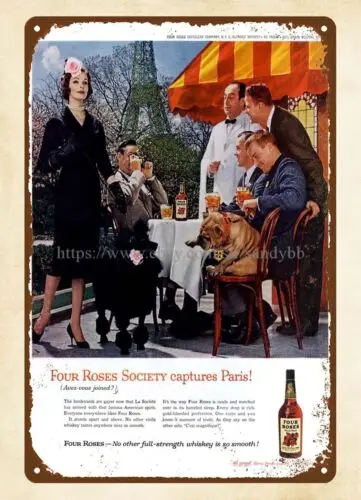 1959 Bourbon whiskey Four Roses Society captures Paris metal tin sign design