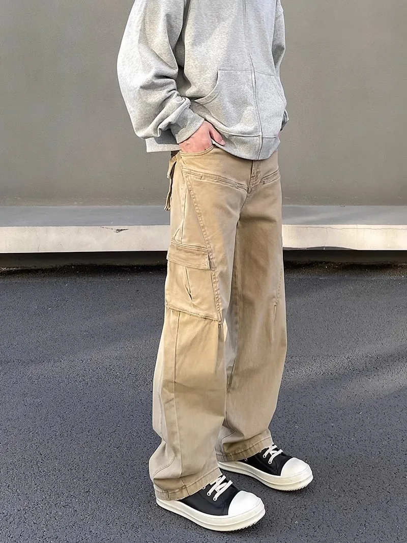 

Мужские джинсы в американском ретро-стиле, прямые, рабочие, с высоким поясом, в стиле High Street, с эффектом утонченности, длинные брюки, молодежный стиль