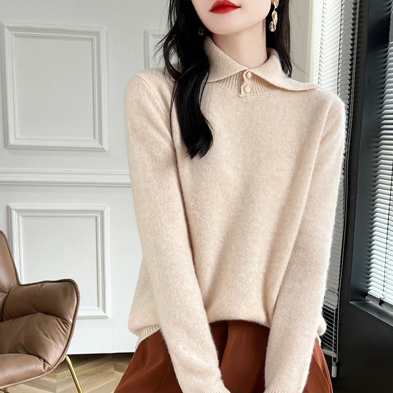 

New solid color autumn/winter 100% Merino wool cashmere Cardigan Women's lapel cardigan warm bottom knit shirt top