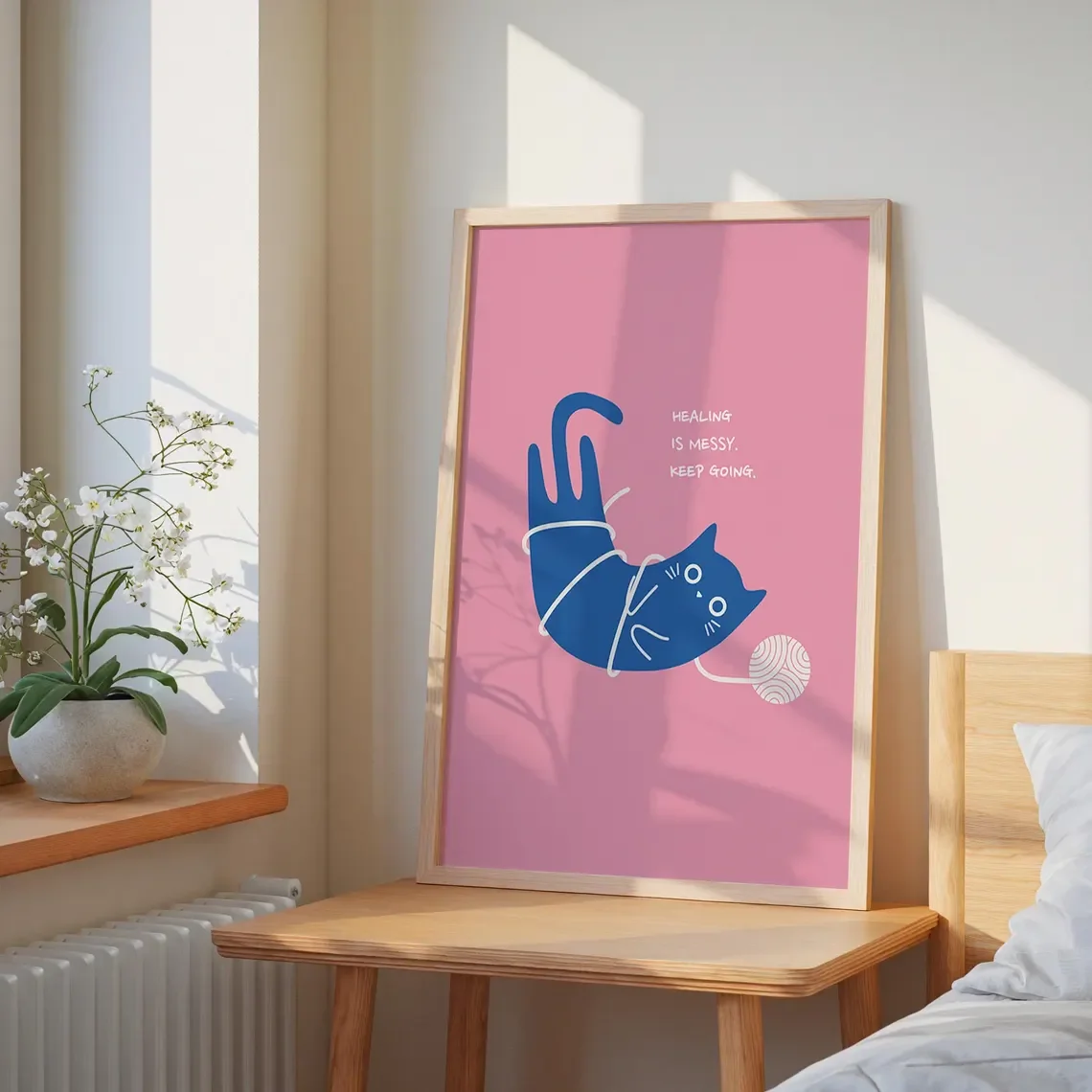 Gentle Mental Health Cat Wall Art - Soft Graphic Print of a Curious Cat Embracing Messiness, Blending Serene Blue and Pink Tones