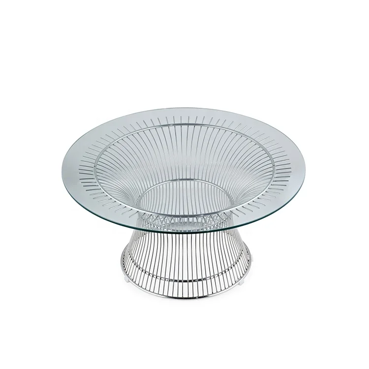 Meja Kopi Kaca Bundar Desain Modern Meja Samping Ruang Tamu Baja Tahan Karat Meja Tengah Klasik