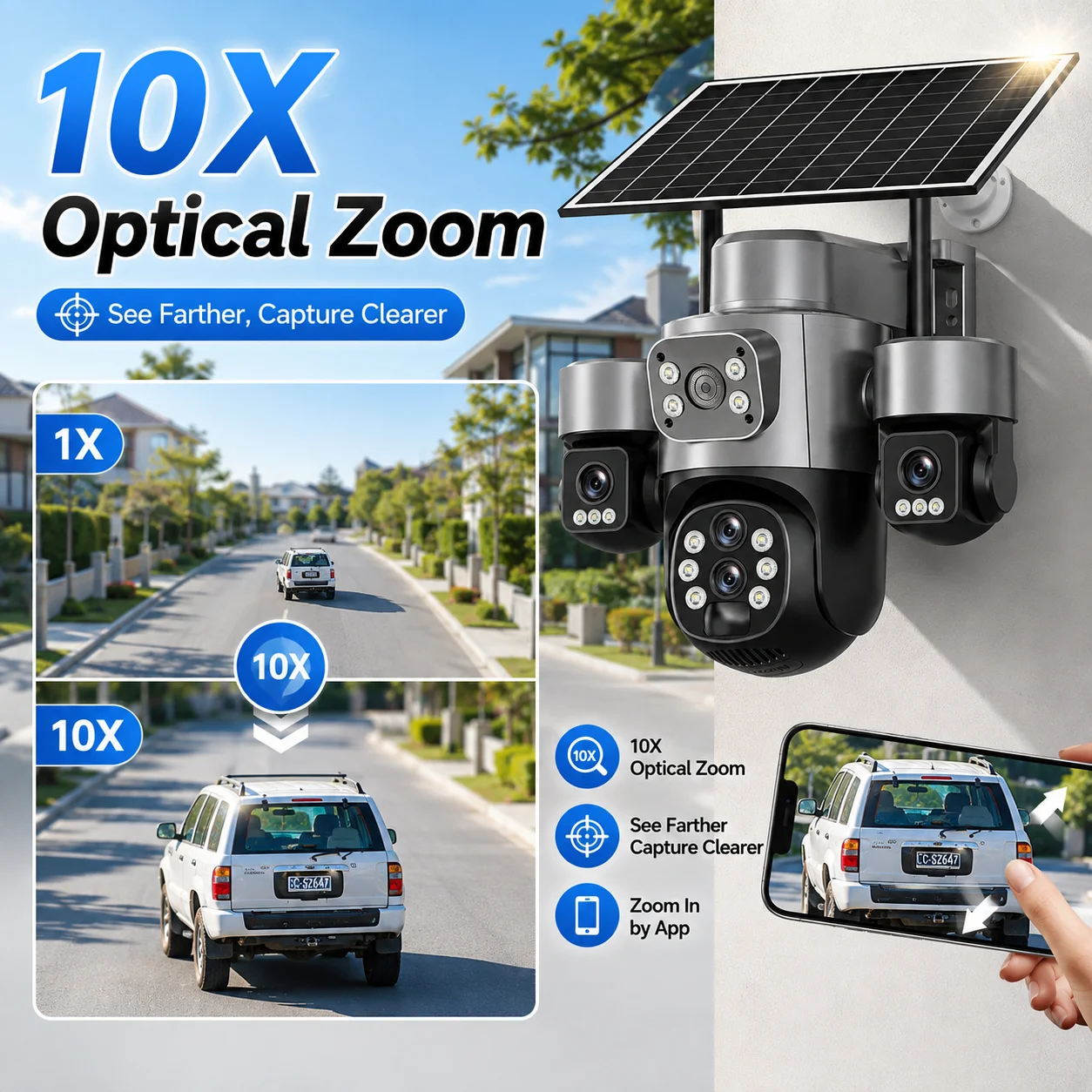 Solar Security Camera 4 Lens 4G WiFi Outdoor Camera V380 App PTZ CCTV Camera AI Human Detection Full Color Night Vision 10X Zoom