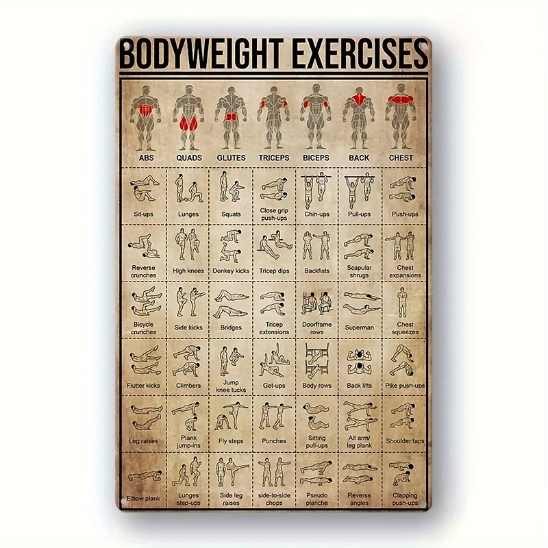 , Vintage Bodyweight Exercises Metal Signs Fitness Knowledge iron Poster Club Wall Decor Home Gym Cafe Art Plaque Sign