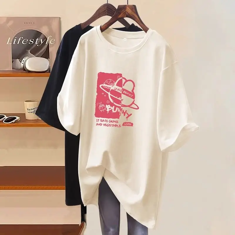 

Women Letter Cartoon Loose Pullover Summer O-neck Pure Cotton Short Sleeve Fashion T-shirt Basics Top Tee