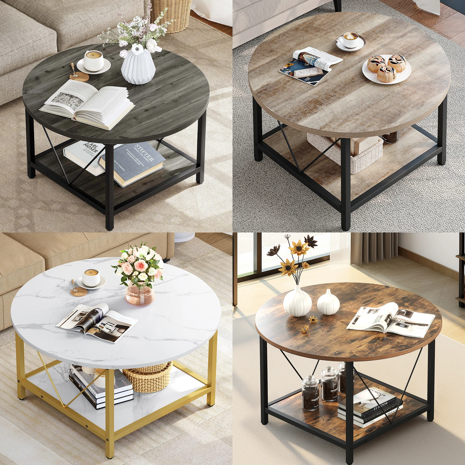 طاولات المقهى طاولة قهوة مستديرة مع رف تخزين لغرفة المعيشة والمكتب والمنزل بتصميم حديث لتوفير المساحة #2