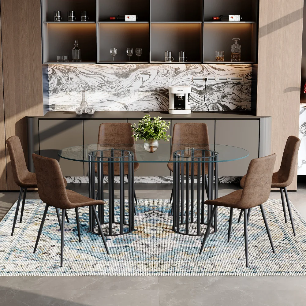 

71-inch Oval Tempered Glass Dining Table (Black Double Column Luxury) +6 Brown Tech-Fabric Chairs with Curved Wide Cushion