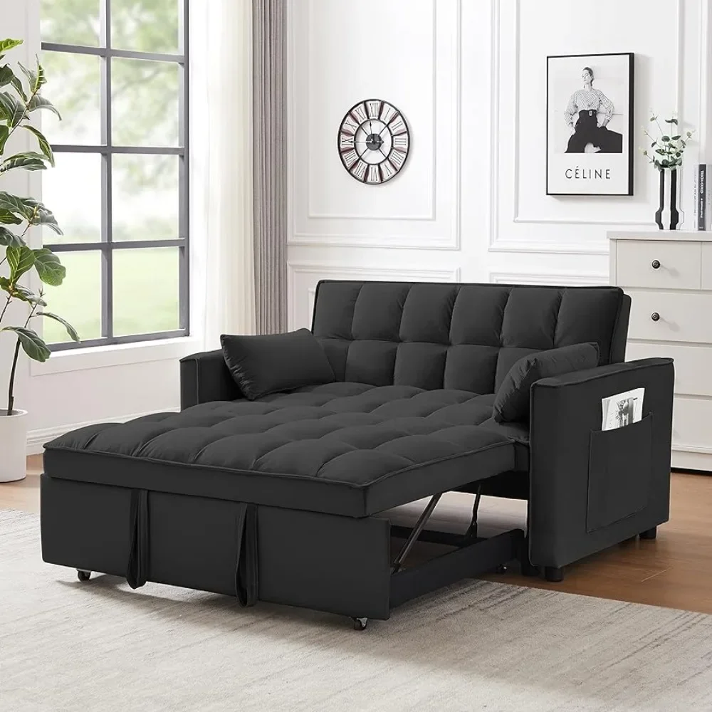 55.2'' Loveseat, Reversible Sleeper Pockets & Toss Pillows, Velvet Pull Chaise, 2-seat Fabric Convertible Sofa Bed, Black