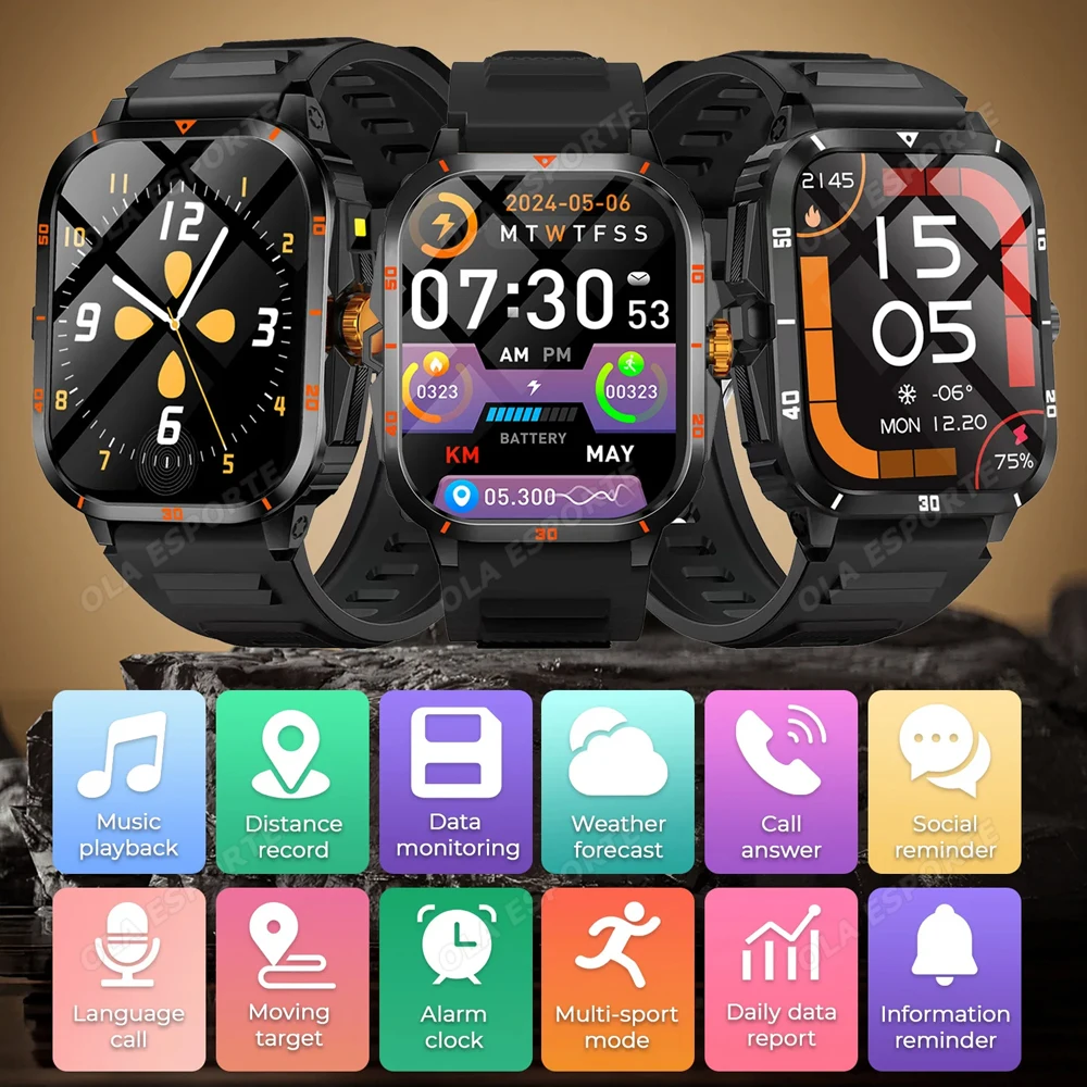 New Outdoor Smart Watch Waterproof 2.01" Screen Bluetooth Call Heart Rate Health Multiple Sports Modes Flashlight Men Smartwatch