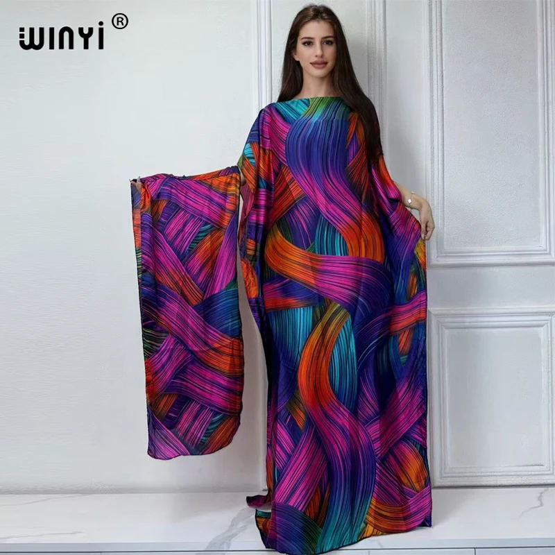 

WINYI 2024 New African Women Dashiki boho print muslim woman dubai Free Size Design With Scarf Maxi Loose African Elegant Dress