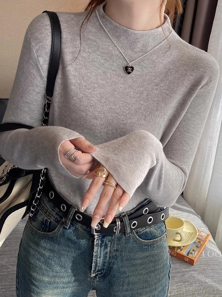 Women Fashion Stretch Tops Autumn Winter Turtleneck Sweater Women Knitted Slim Pullover Korean Long Sleeve Simple Base Layer Top