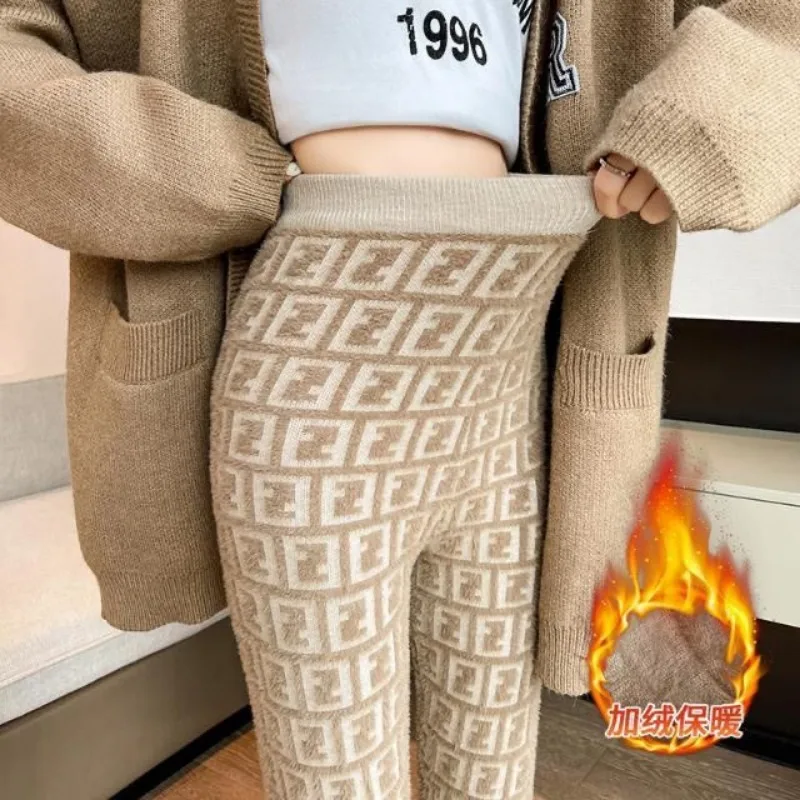 Dick gestrickte warme Nerz-Pelz-Leggings, Herbst-Winter, hohe Taille, schlankmachende, elastische, lässige Leggings