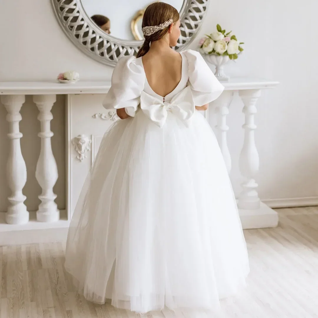 Customized Flower Girl Dress White Pearls With Bow Short Sleeve For Wedding Birthday Party Holy Communion Banquet Princess Gown