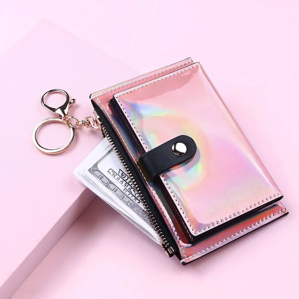 Fashion Women Double Sided Zipper Credit ID Card Bank Card Coin Purse Laser Card Holder Keychain Mini Wallet