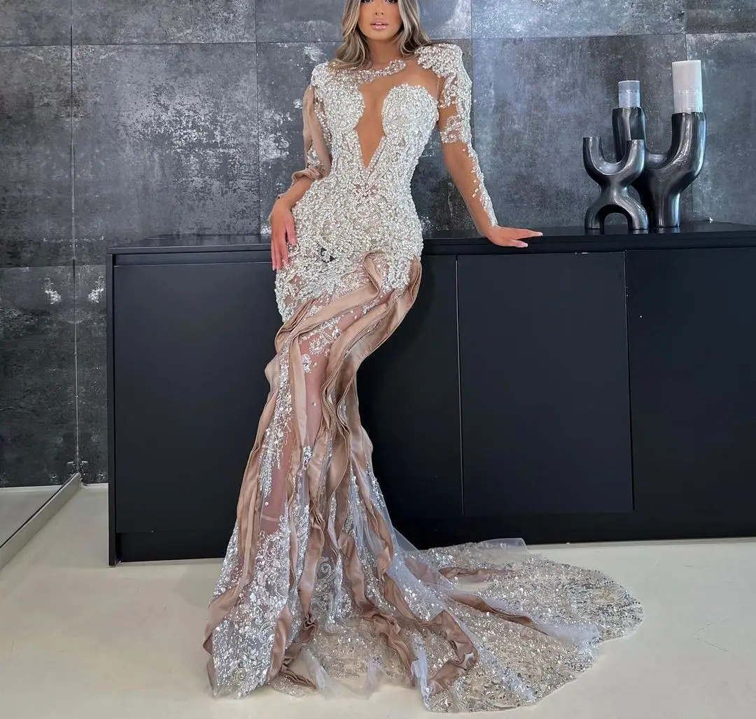 Luxury Mermaid Evening Dresses Long Sleeves V Neck Sequins Sexy Appliques Diamonds Lace Hollow Plus SizeProm Dresses Custom Made