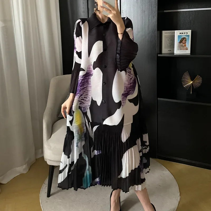 KAF Pleated Women Printed Dress 2025 Spring Fall New Lapel Long Sleeve Loose Large Size Original Design Elegant Fashion Dresses