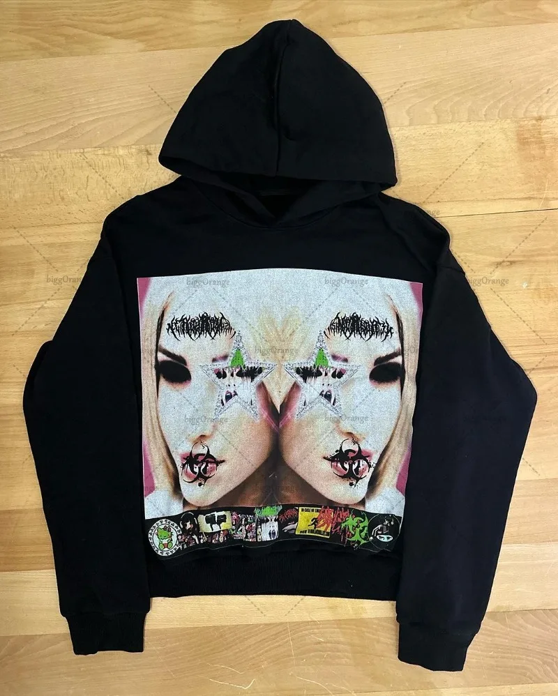 Y2K Harajuku Retro Streetwear Europäischen und Amerikanischen Gothic Punk Stil Anime Print Grafik Hoodie Hip Hop Übergroßen Sweatshirt