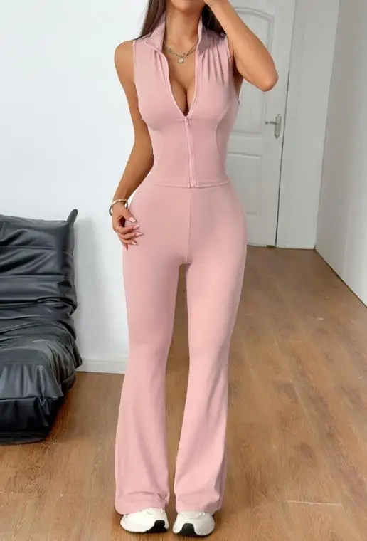 

2026 Spring/summer Sports Style Zipper Vest Wide Leg Pants Set for Women