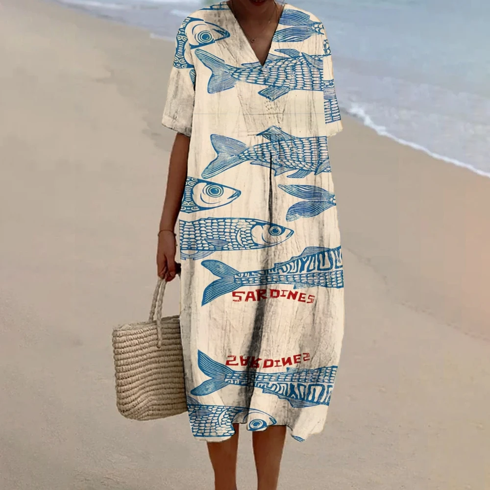 Robe de vacances à imprimé de poisson sardines pour femmes, tenue chic, robe fluide, marque de créateur, mode de luxe, plage, modaling